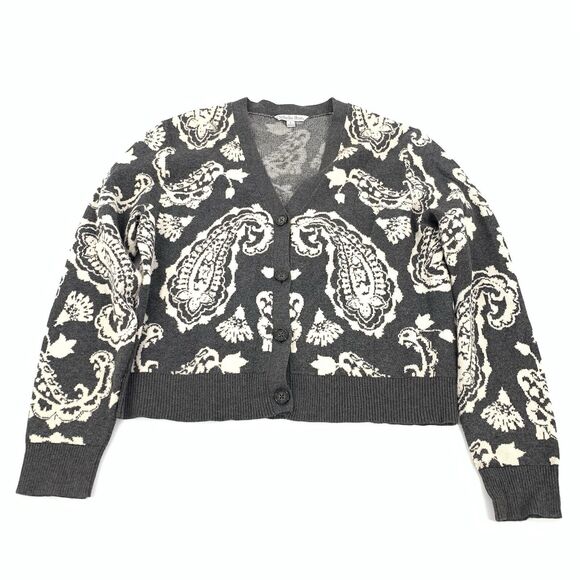 Ophelia Roe Knit V-Neck Paisley Print Button Front Cardigan Sweater Large Gray L - Picture 1 of 6